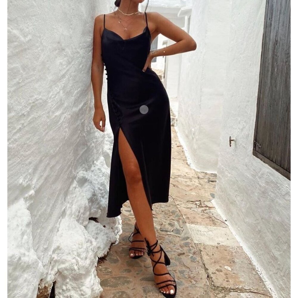 Zara Black Satin Silky Button Side Midi Dress Size M 7969/221/800